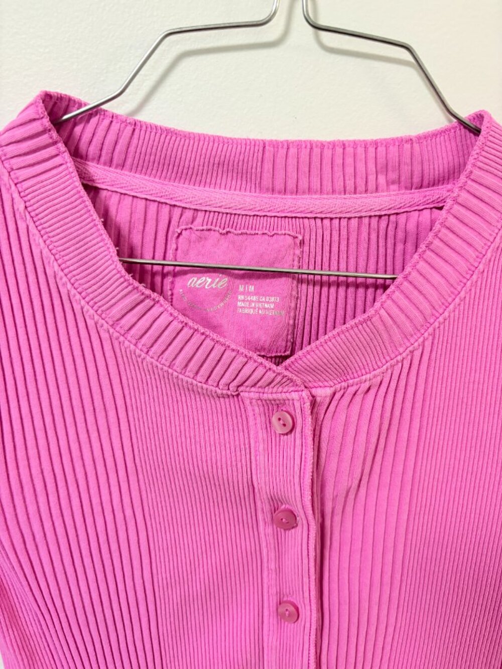 Aerie Road Trip Long Sleeve Rib Henley T-Shirt Bright Pink Fuschia Cozy Lounge - Picture 4 of 12